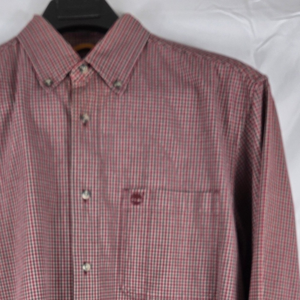 Timberland Mens Red Black Micro Check Plaid Long Sleeve Button Down Shirt Size M